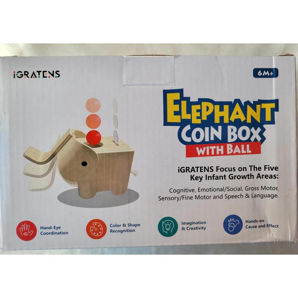 Wooden Elephant 2-1 box coin & ball for ages 6+ - NEW